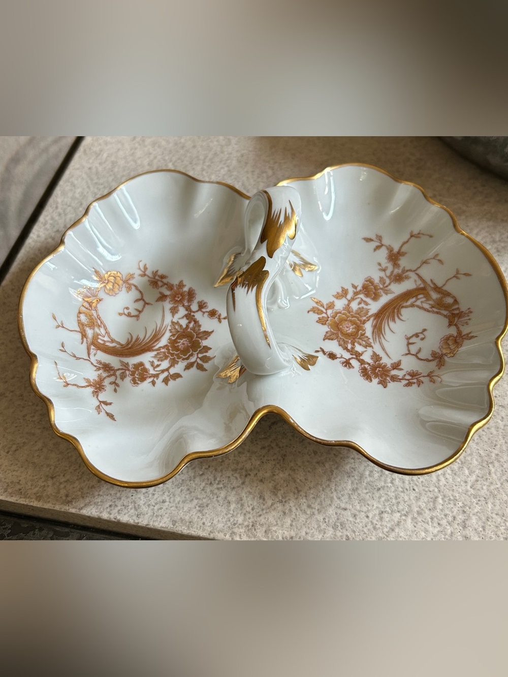 Limoges France Bone & Gold Porcelain Nut Dish Peacock & Peony